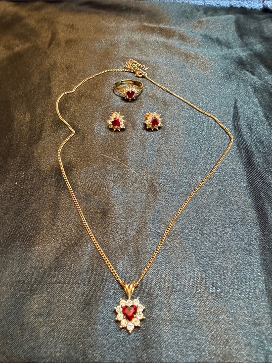 Jewelry - Gold-Tone Red Heart Pendant Necklace, Ring & Earrings Set
